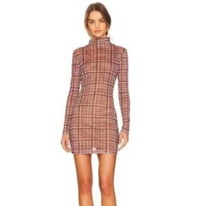 NWT Atoir Lara Worthington REVOLVE Plaid Mesh Sheer Pink Brown Mini Medium Dress